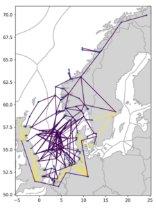 “Spaghetti” of candidate interconnections (purple lines) including all combinations of candidate interconnections, from which the optimal ones will be found.